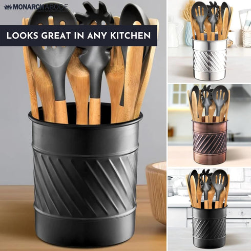 Monarch Abode 39177 Metal Handcrafted Wave Embossed Caddy, Large Utensil Holder for Kitchen Interior Organizer
