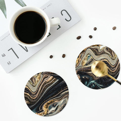 MINIOZE Set 6 Black Gold Marble Style Coasters of Coasters for Drinks Absorbent Double-Sided Leather PVC Coaster