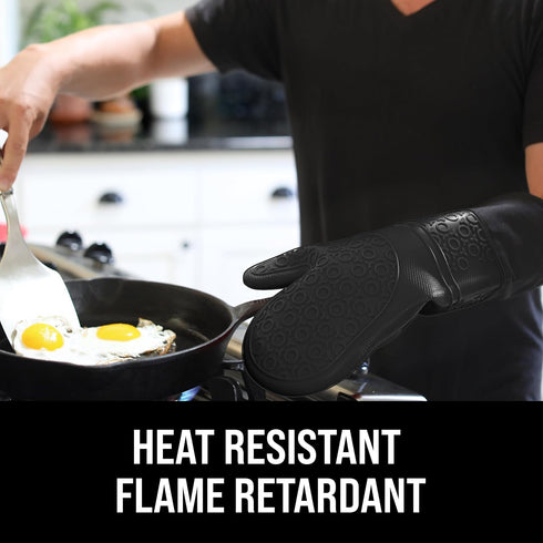 HOMWE Extra Long Professional Silicone Oven Mitt - Heat Resistant Pot Holders, Flexible Oven Gloves, Black, 1 Pair