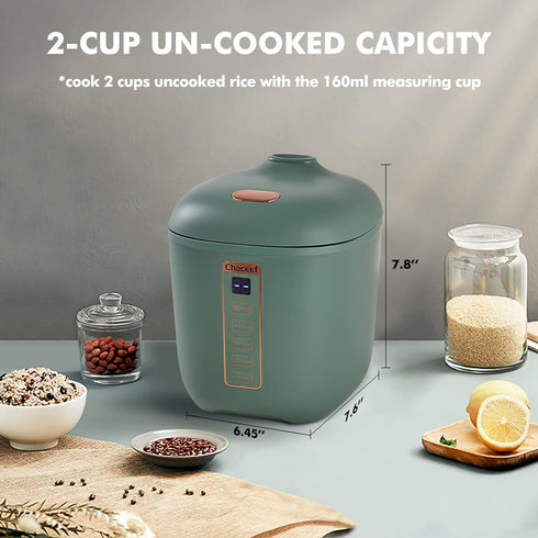 CHACEEF Mini Rice Cooker, 2-Cups Uncooked, 1.2L Portable Non-Stick Cooker with 24-Hour Timer & Food Steamer, Green