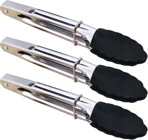 Mini Tongs with Silicone Tips, 7-Inch Kitchen Tongs, Set of 3 (Black)