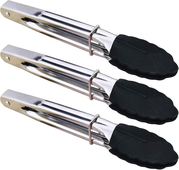 Mini Tongs with Silicone Tips, 7-Inch Kitchen Tongs, Set of 3 (Black)