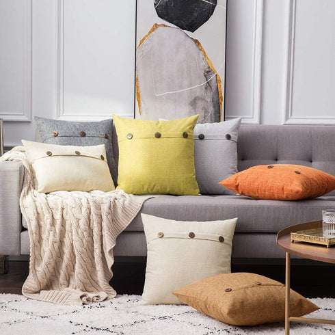 MIULEE Set of 2 Vintage Linen Pillow Covers with Triple Button Accent for Couch Sofa Bed Living Room Decor 18x18 Inch