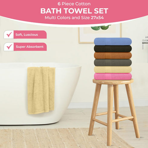 QUBA LINEN 100% Towels-27x54inch 6 Pack Cotton Bath - Shower Towels - Light Weight, Ultra Absorbent Towels for Bathroom