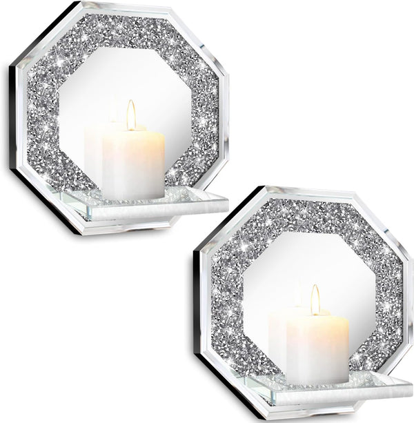 ZOLAPI Crystal Crush Diamond Wall Candle Holder Set of 2, Octagon Silver