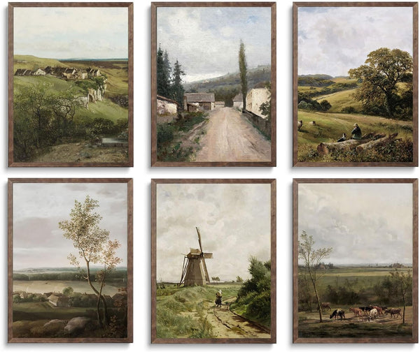 FYARTKJ 6Pcs Vintage Farmhouse Wall Art, French Country Landscape Prints for Living Room Cottagecore Decoration,