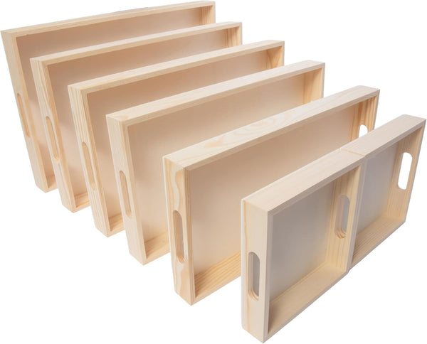 Wooden Nested Serving Trays, Unfinished Rectangle Trays with Cut-Out Handles for Crafts,