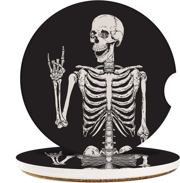 Britimes Absorbent Car Coasters, 2 Pack for Cup Holders, 2.56" Ceramic Stone with Non-Scratch Cork Base, Human Skeleton