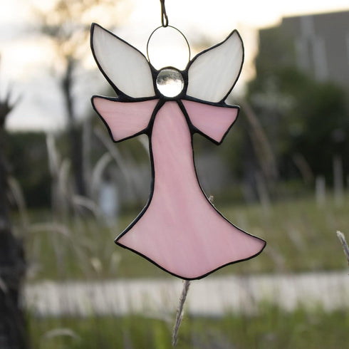 Pink Angel Stained Glass Window Hangings Tiffany Style Gift for Nurse, Memorial Remembrance Sympathy (6.3"×4.3")