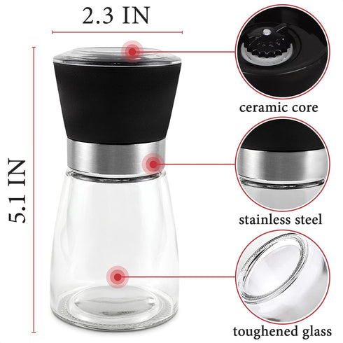 Manual Refillable Pepper Grinder - 6 Oz Glass Grinders for Pepper, Salt & Spices, Adjustable Rotor with 5 Settings