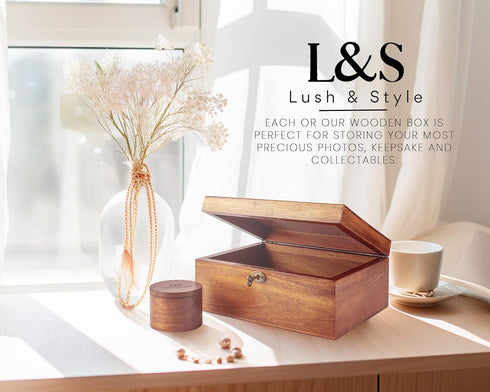 LUSH & STYLE Keepsake Box, Decorative Wooden Storage Box with Hinged Lid & Locking Key, Size 11X9X5 Inches