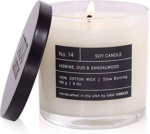 Lulu Candles | Jasmine, Oud & Sandalwood | Luxury Scented Soy Jar Candle | Hand Poured in The USA | Highly Scented (6