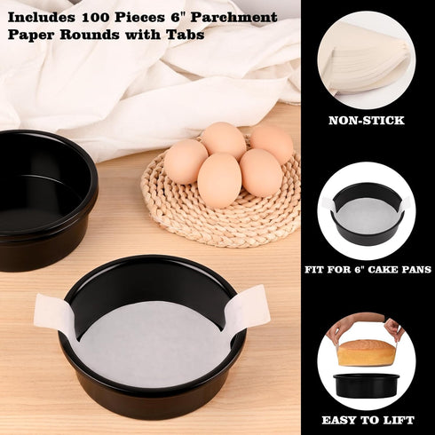 Set of 3 Non-stick 6 Inch Round Cake Pans with 100 Pieces Parchment Paper, Dishwasher Safe for Baking