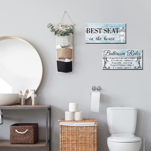 Jetec 2 Pieces Funny Bathroom Pictures Wall Sign Decor - Rustic Farmhouse Bathroom Rule Wall Art