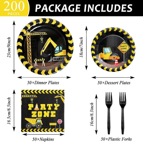 50, 200 Set Construction Party Plates and Napkins Serves Construction Birthday Supplies Pcs Tableware Dump Truck Party