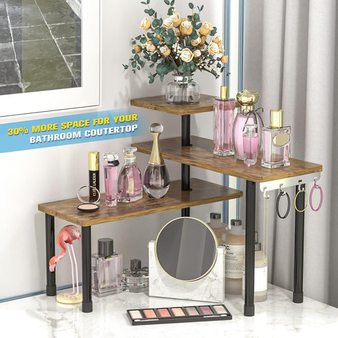 Countertop Organizer, 3 Tier Moveable Corner Shelf for Kitchen, Bathroom, Spice Rack, Rustic Brown