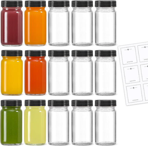 LANDNEOO 15 Pack 2 oz Glass Shot Mini Bottles w/Black Lids &