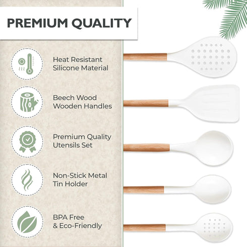 Silicone Kitchen Utensils Set with Holder, 11 Pcs Heat Resistant Wooden Cooking Gadgets for Baking, Home Kitchen