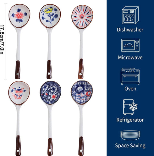 Soup Spoon, Asian Ceramic Spoons with Long Handle Japanese Soup Spoon, Chinese Ramen Spoons Easy to Hold for Ramen Wonton Noodle Miso Dumplings-Set of 6