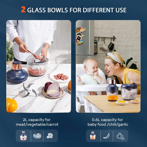 Bear Food Processor, Electric Food Chopper with 2 Glass Bowls (8 Cup + 2.5 Cup), 400W Power Grinder with 2 Sets
