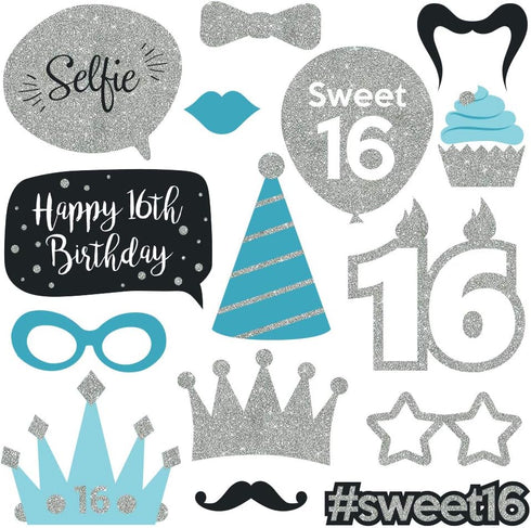 Fully Assembled Sweet 16 Birthday Photo Booth Props - Set of 30 - Teal Blue & Silver Selfie Signs with Real Glitter