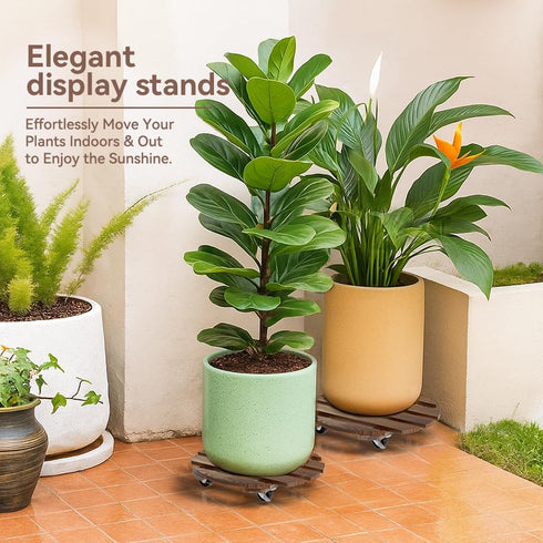 Lissomballon 2 Pack 12IN 360 Plant Stand Indoor and Outdoor, Premium Wooden Plant Caddy with Wheels, Heavy Duty Plant
