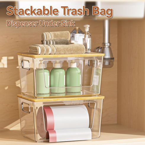 2 Pack spospo Trash Bag Holder with Bamboo Lid, Stackable Trashbag Dispenser, Extra Large Garbage Bag Holder