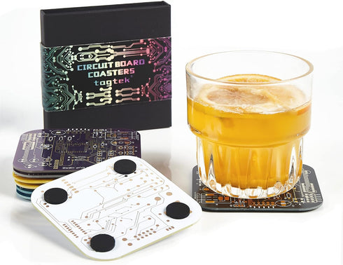 Immersion (2 Purple/Pack) PCB-Design Purple Coasters - Gold Circuit Board Coasters for Coffee Table, Gamer, Bar, Office