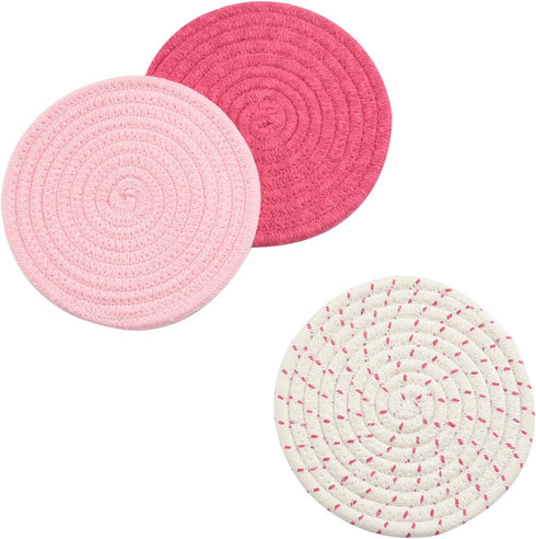 Kitchen Potholders Set, 100% Pure Cotton Thread Weave, Set of 3 Stylish Coasters, Hot Pads, 7 Inches, Pink