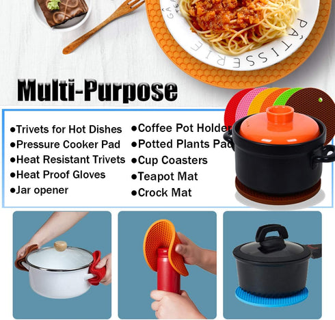5 Pcs Round Silicone Trivets: Extra Thick Heat Resistant Kitchen Mats, Honeycomb Rubber Hot Pads for Hot Dishes