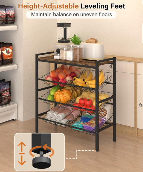 Tigerden 4-Tier Kitchen Fruit and Vegetable Storage Rack, Fruit Basket Stand, Freestanding Snack Display Organizer