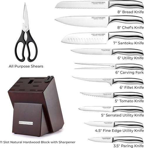 Zulay 12-Piece Premium Knife Set with Natural Wood Block, Ultra Sharp Stainless Steel Knives