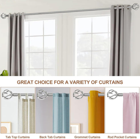 Silver Curtain Rods for Windows: 48 to 84 inch Decorative Heavy Duty Curtain Rod with Twisted Cage Finials