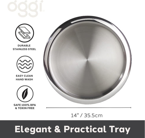 OGGI 14" Round Steel Tray - Decorative Coffee Table, Tea and Bar Serving Tray, Stainless Steel