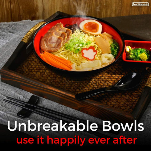 Unbreakable Ramen Bowl Set: 1 Large Japanese Style Melamine Ramen Bowl, Dipping Bowl, Chopsticks, Red-Black