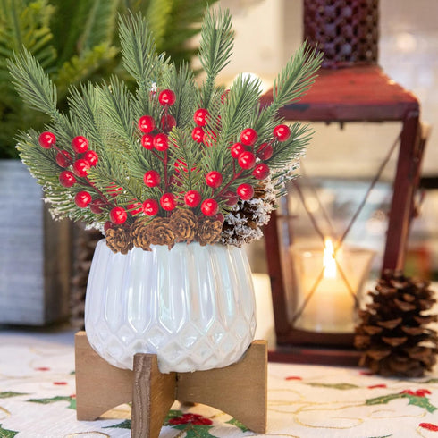 Grunyia 10 Pcs Artificial Pine Cone Picks and Red Berry Mini Artificial Pine Tree for Christmas Party Flower Wreaths