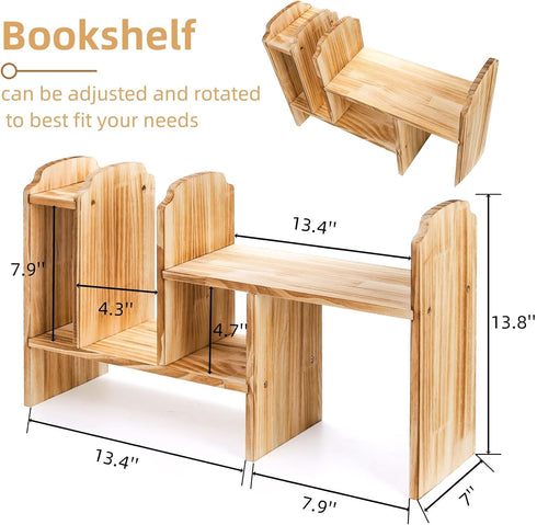 7 WRINGKIT Adjustable Desktop Storage, Wood Display Bookshelf with Compartments, Expandable Desk Shelf Hutch, Office