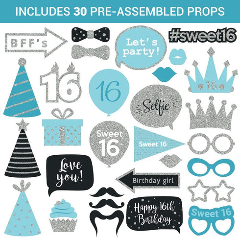 Fully Assembled Sweet 16 Birthday Photo Booth Props - Set of 30 - Teal Blue & Silver Selfie Signs with Real Glitter
