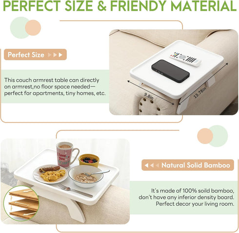 SINWANT Couch Arm Table,Bamboo Couch Arm Tray Clip on Sofa Armrest,Chair Side Table for Small Spaces Drink Eating