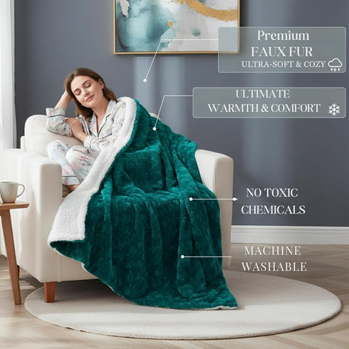 50" 60" DaDa Bedding Lavish Emerald Teal Green Faux Fur Fuzzy Throw Blanket - Mermaid Scales Design White Sherpa