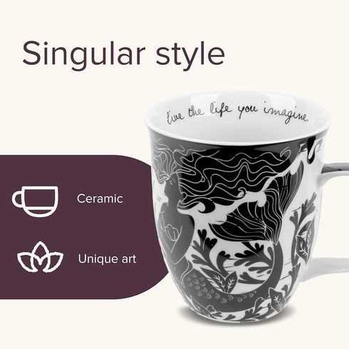 Karma Gifts 16 oz Black and White Boho Mug, Mermaid, Cute Ceramic Coffee Mug