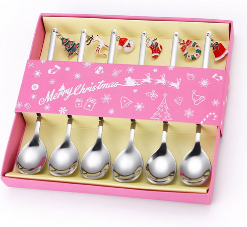 Christmas Silver Dessert Spoons, 6 Pieces Small Stainless Steel Flatware with Decorative Pendants for Coffee and Tea