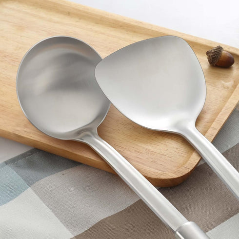 Pleafind 2-Pcs Cooking Utensils Set, Stainless Steel Ladle and Spatula, Soup Ladle and Wok Spatula for Home and