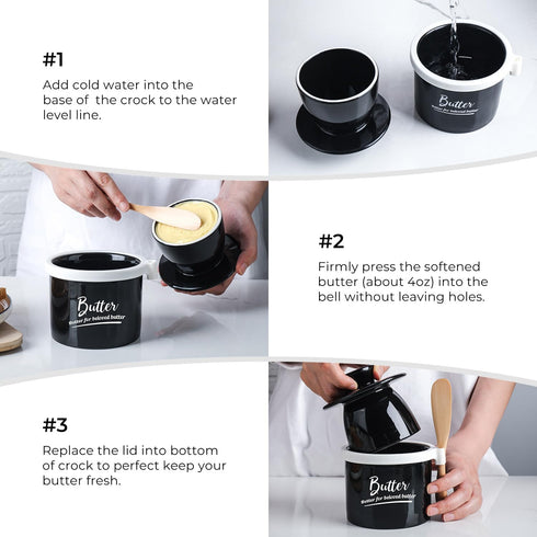 French Butter Dish Butter Crock with Lid and Knife, Keeps Butter Soft and Fresh for 2-5 Weeks, Black