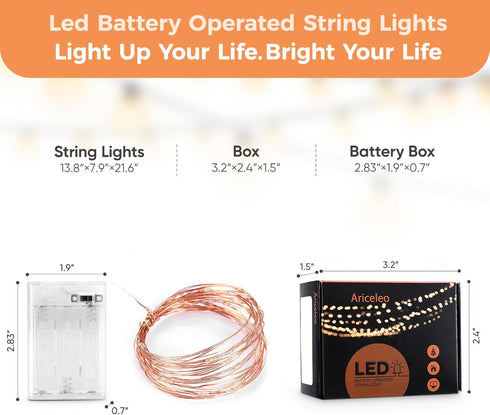 1 Pack 16.4ft 50 Ariceleo Battery Operated String Lights with Timer, Warm White with Synchronized Twinkle Mode, Fairy