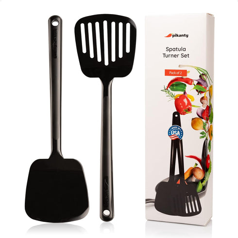 Spatula Turner Set of 2 for Cooking, Ideal for Flipping Eggs and Pancakes, Nonstick Cookware, Made in USA (Black)