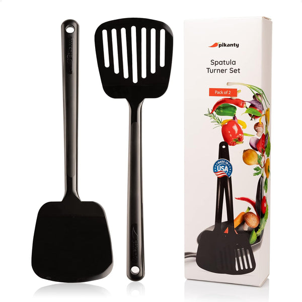 Spatula Turner Set of 2 for Cooking, Ideal for Flipping Eggs and Pancakes, Nonstick Cookware, Made in USA (Black)