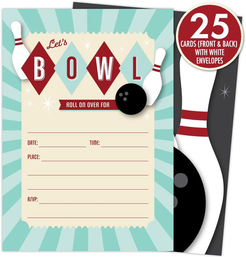 Koko Paper Co Bowling Themed Invitations, Set of 25 Fill In Style Cards for Kids Birthday or Bowling Parties