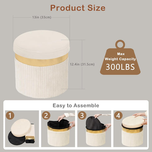 Room13x13x12.4(YZbeige,1pcs) xuperbonus Small Ottoman with Storage,Folding Round Ottoman with Gold Trim,Velvet Storage