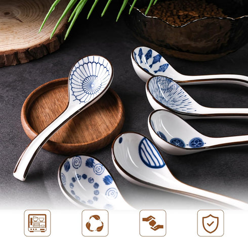HANSGO 6 Pcs Asian Ceramic Soup Spoons, 6.5 Inch Long Handle Noodle Soup Spoons for Ramen Wonton